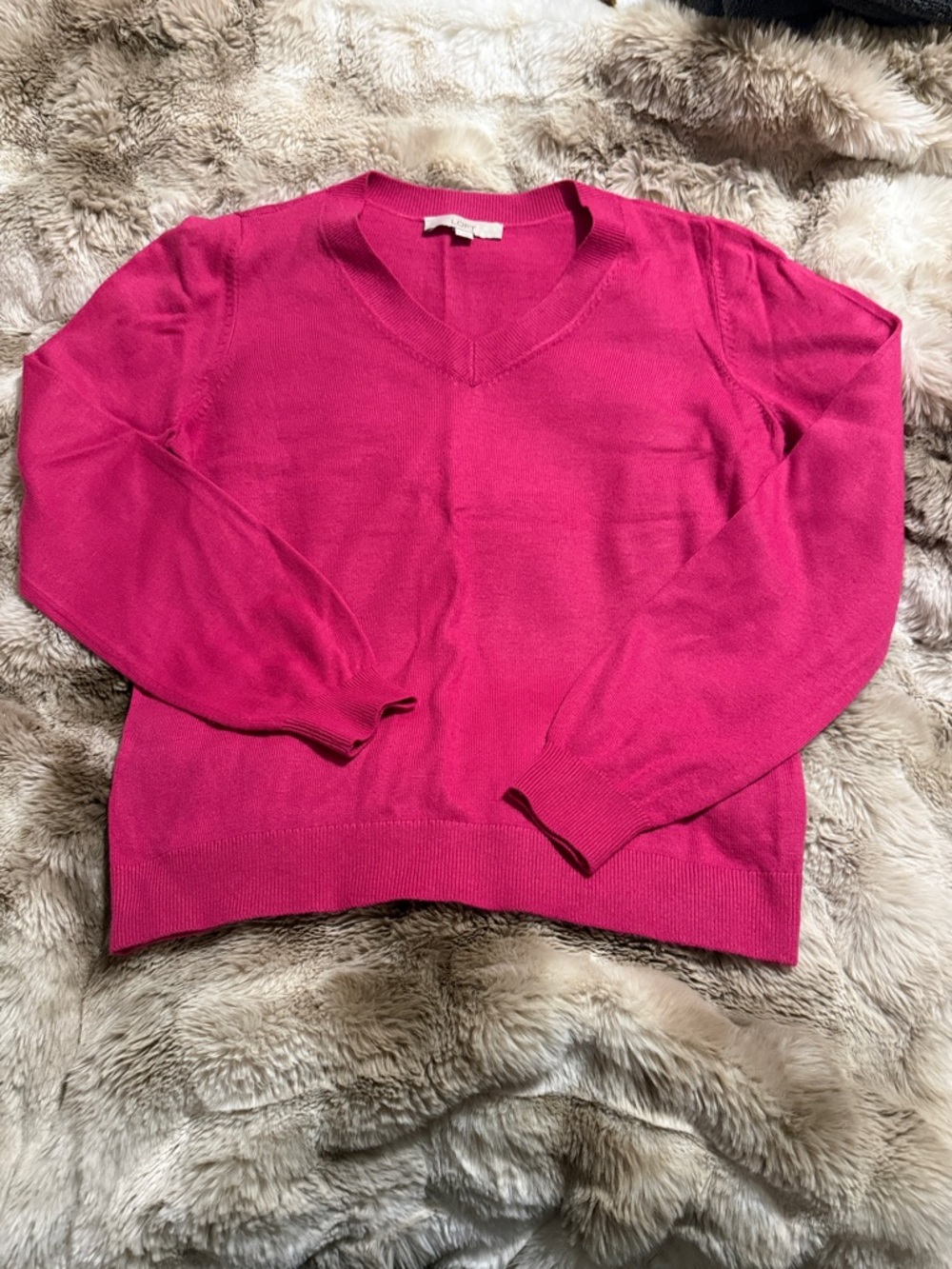 LOFT - V-Neck Sweater in Bright Fuchsia Pink - Medium